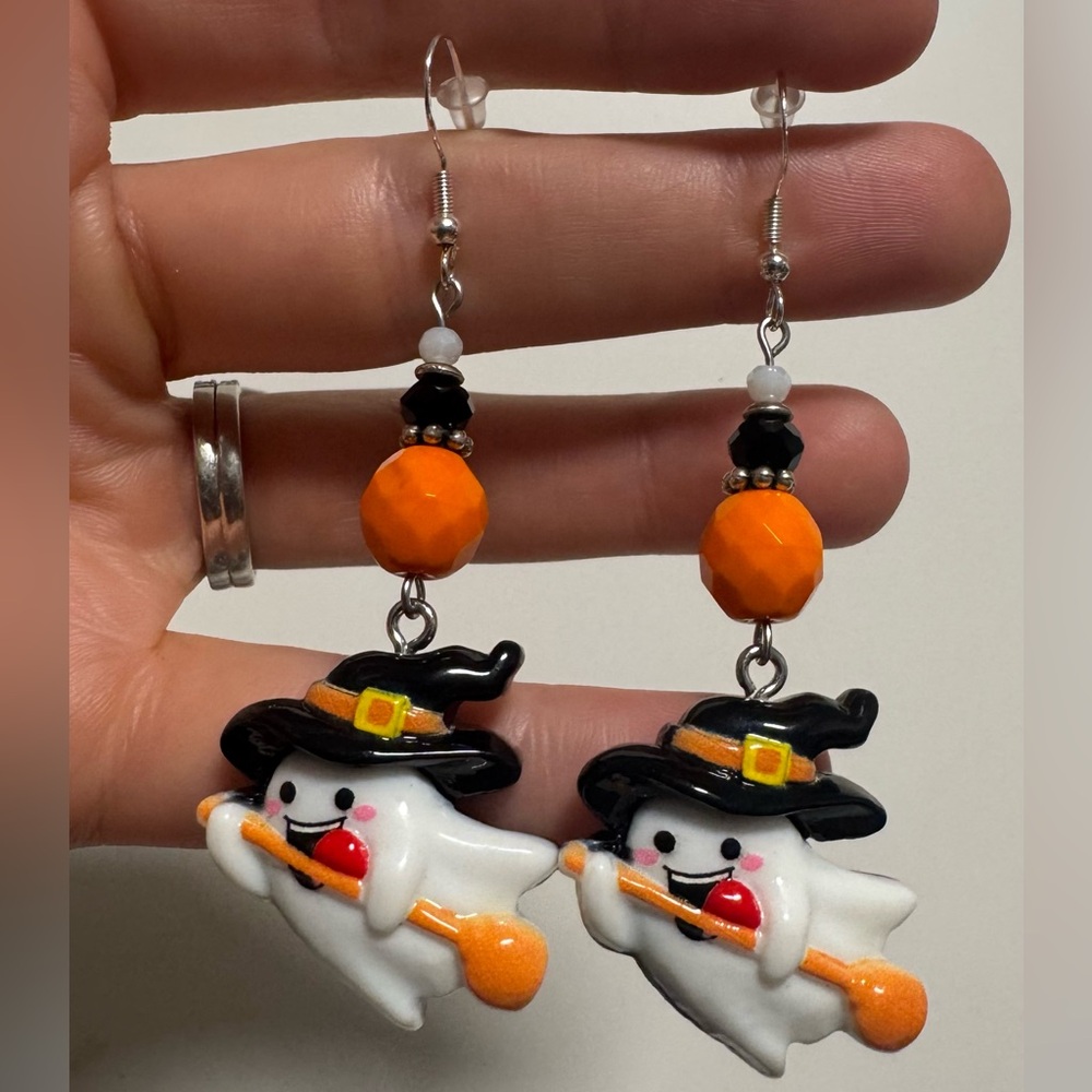 Halloween Ghost Earrings with Witch Hat
